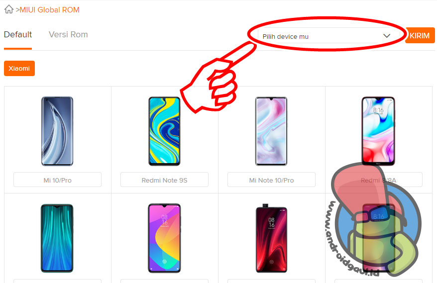 Pili tipe perangkat untuk mengunduh ROM Xiaomi